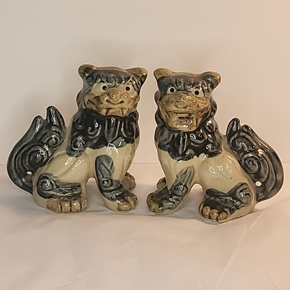 VTG Chinese Foo Dogs x 2 Guardian Lions 4.25" Statues Blue Green Ceramic Glazed